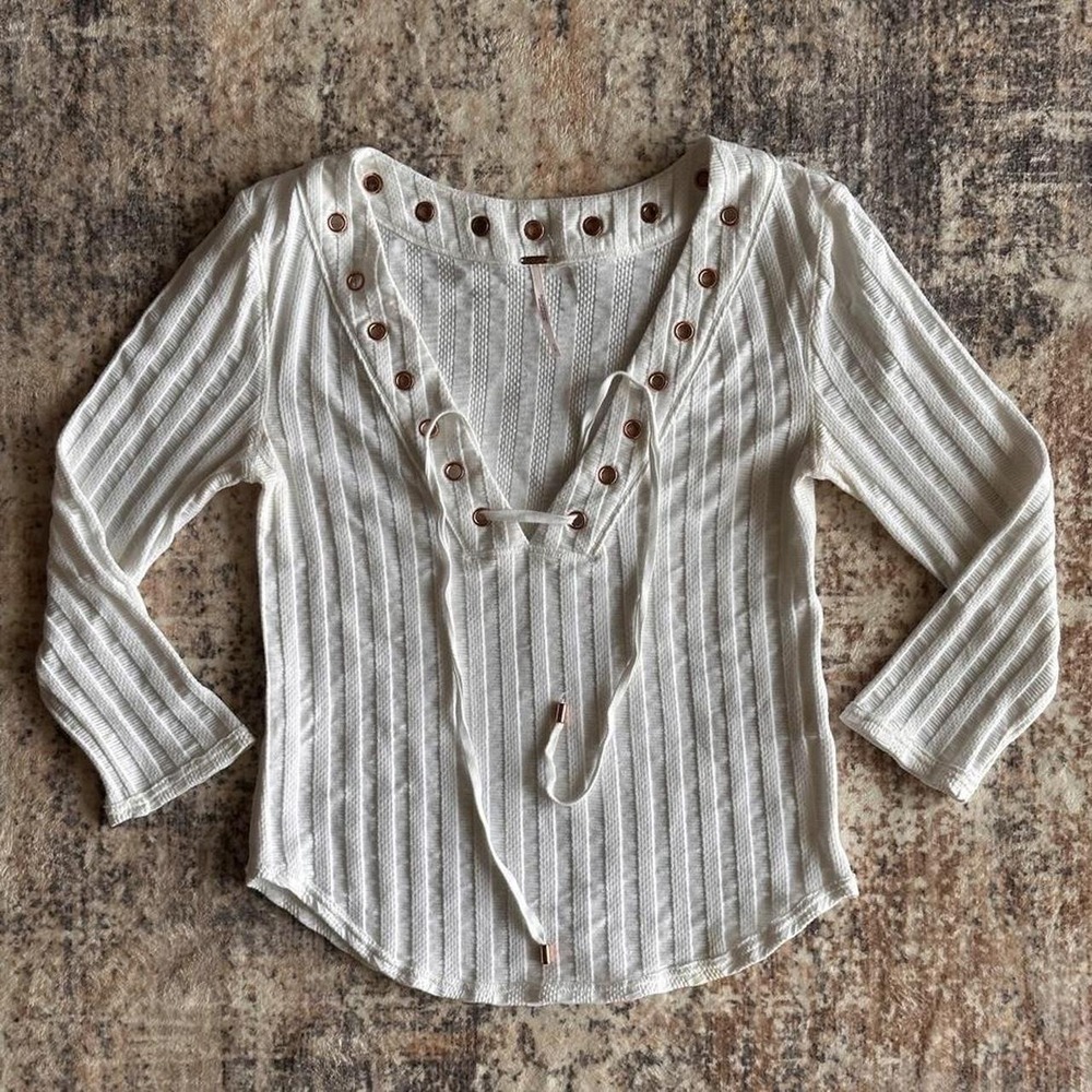 Free People White Ribbed Lace-Up Grommet Tunic Top Women's Medium Boho